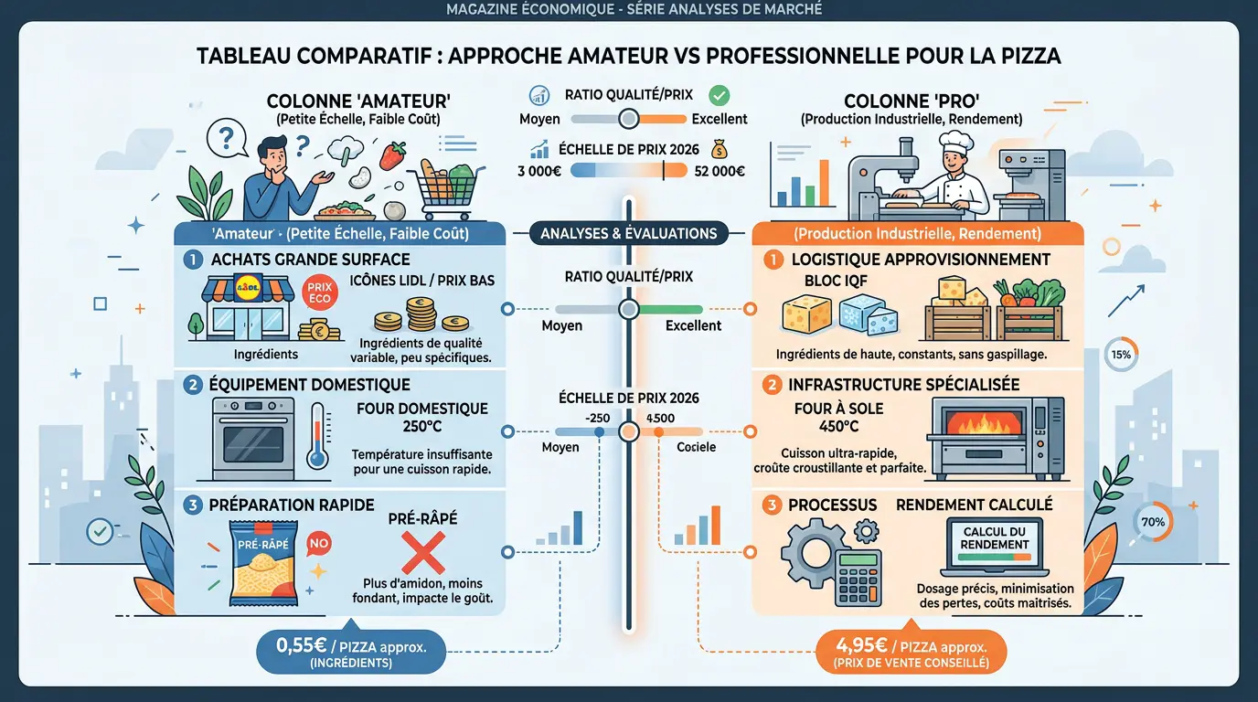 Tableau comparatif fromage pizza amateur versus professionnel avec prix 2026