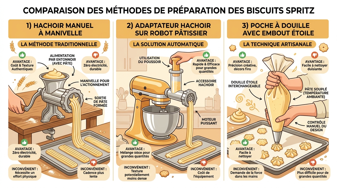 Comparatif schéma hachoir manuel robot et poche à douille pour spritz