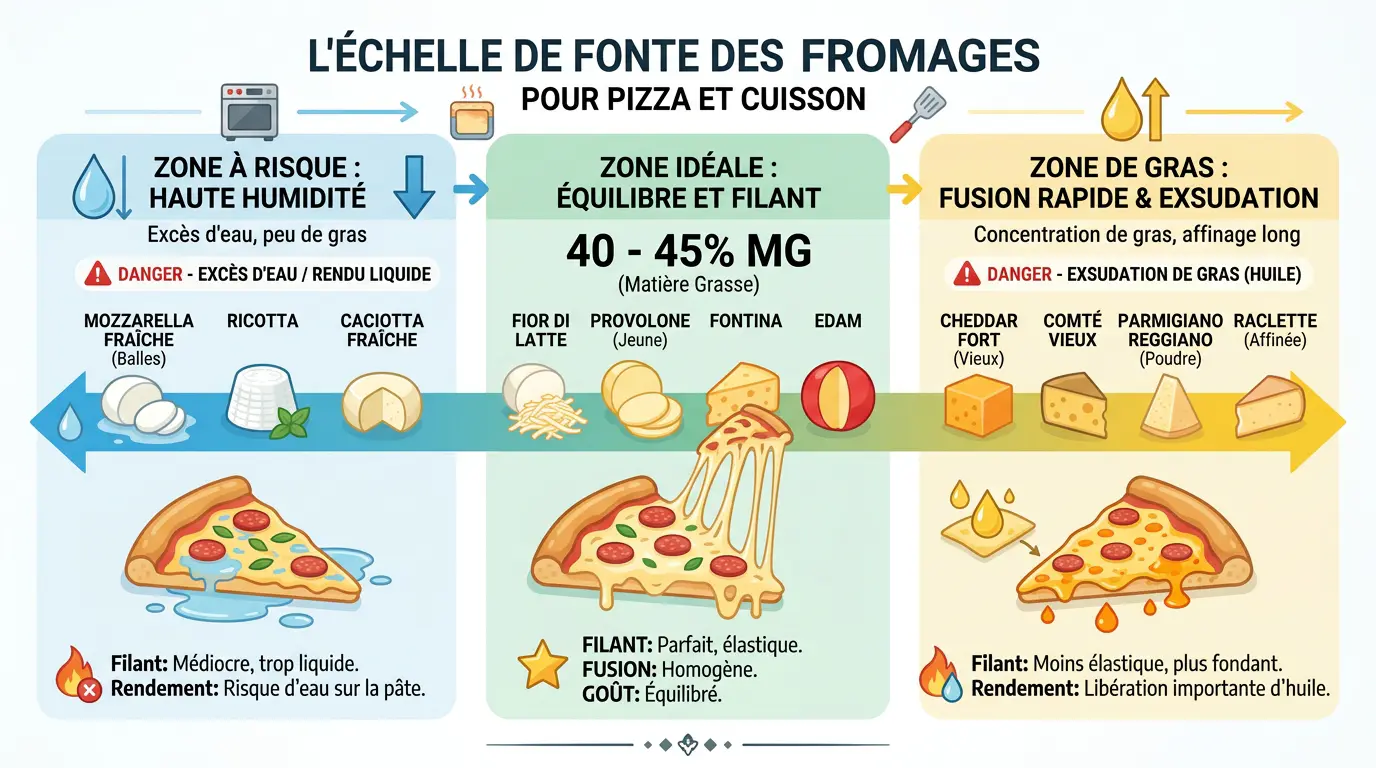 Échelle de fonte des fromages pour pizza selon humidité et matière grasse