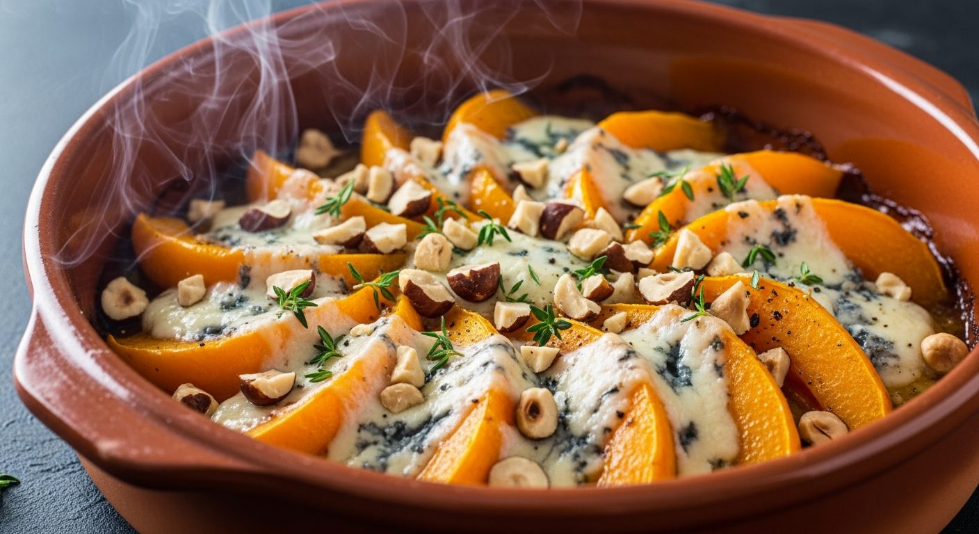 Gratin butternut gorgonzola sorti du four doré et crémeux
