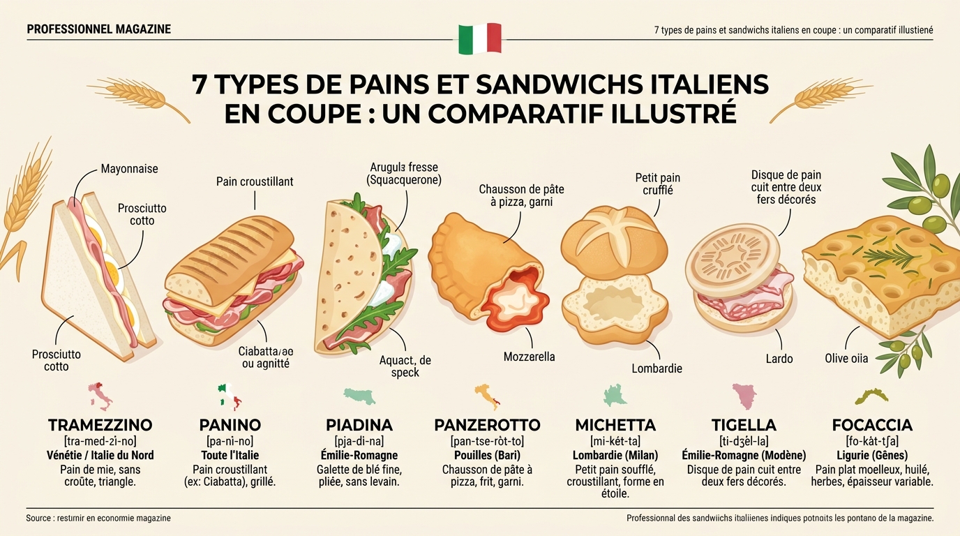 Infographie comparatif 7 sandwichs italiens formes prononciation