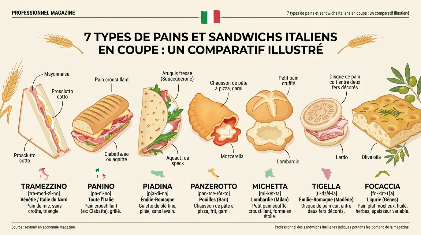 Infographie comparatif 7 sandwichs italiens formes prononciation