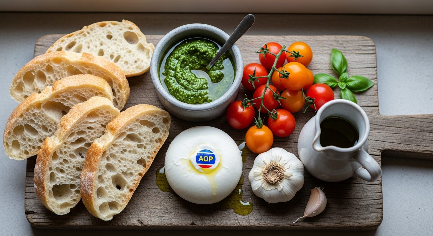Ingrédients bruschetta pesto mozza : pain ciabatta, bufala AOP, pesto maison