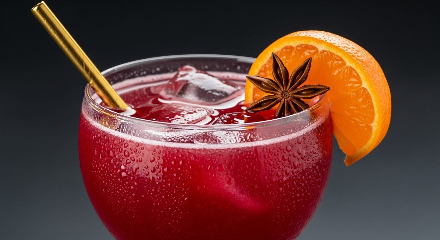 Mocktail de Noël rouge garni clémentine et badiane dans verre élégant