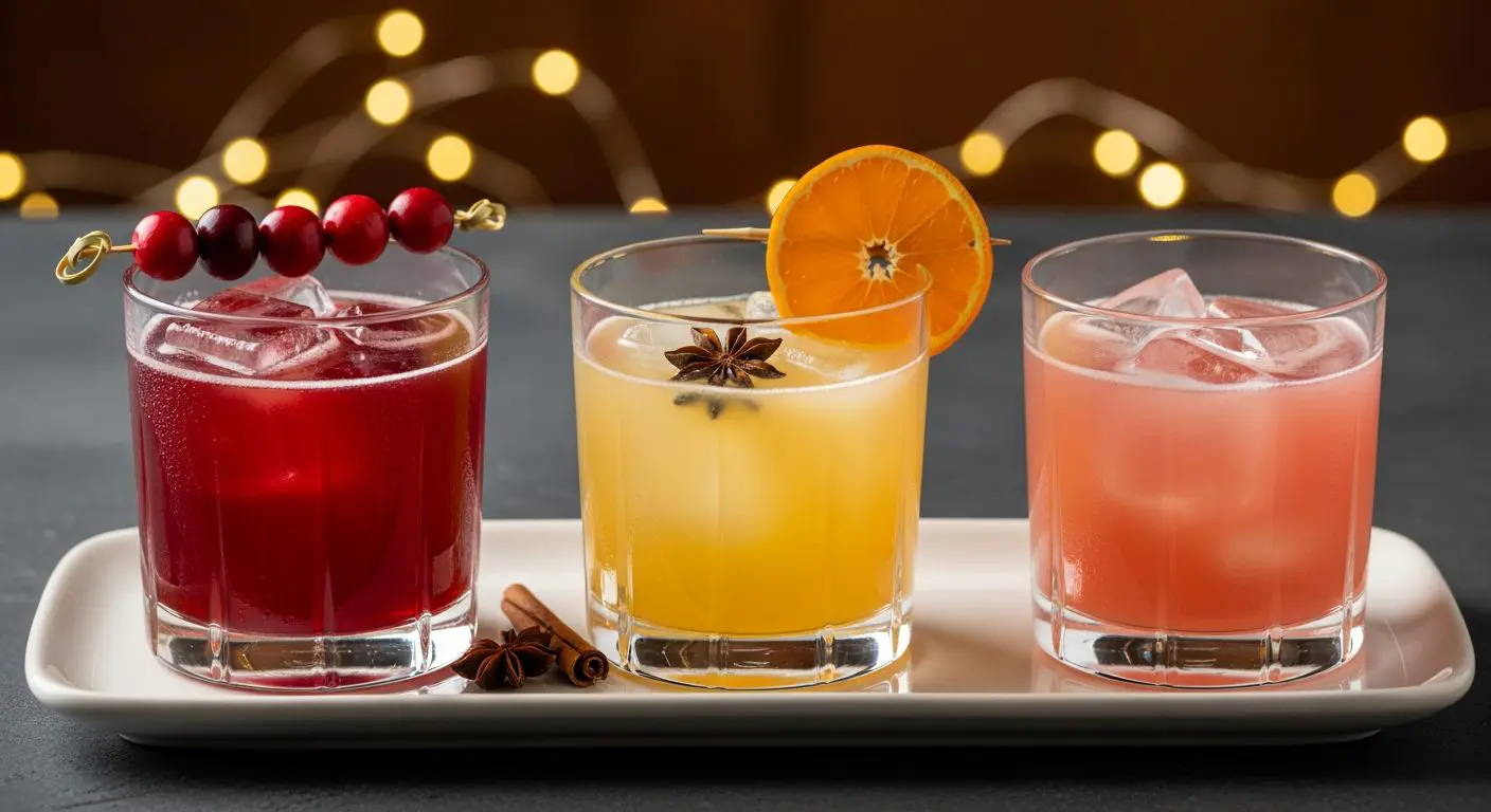Trois mocktails festifs décorés cannelle badiane cranberries Noël