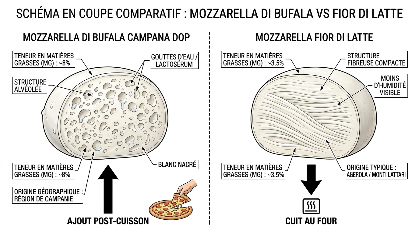 Schéma comparant la structure de la mozzarella di bufala et fior di latte pour pizza