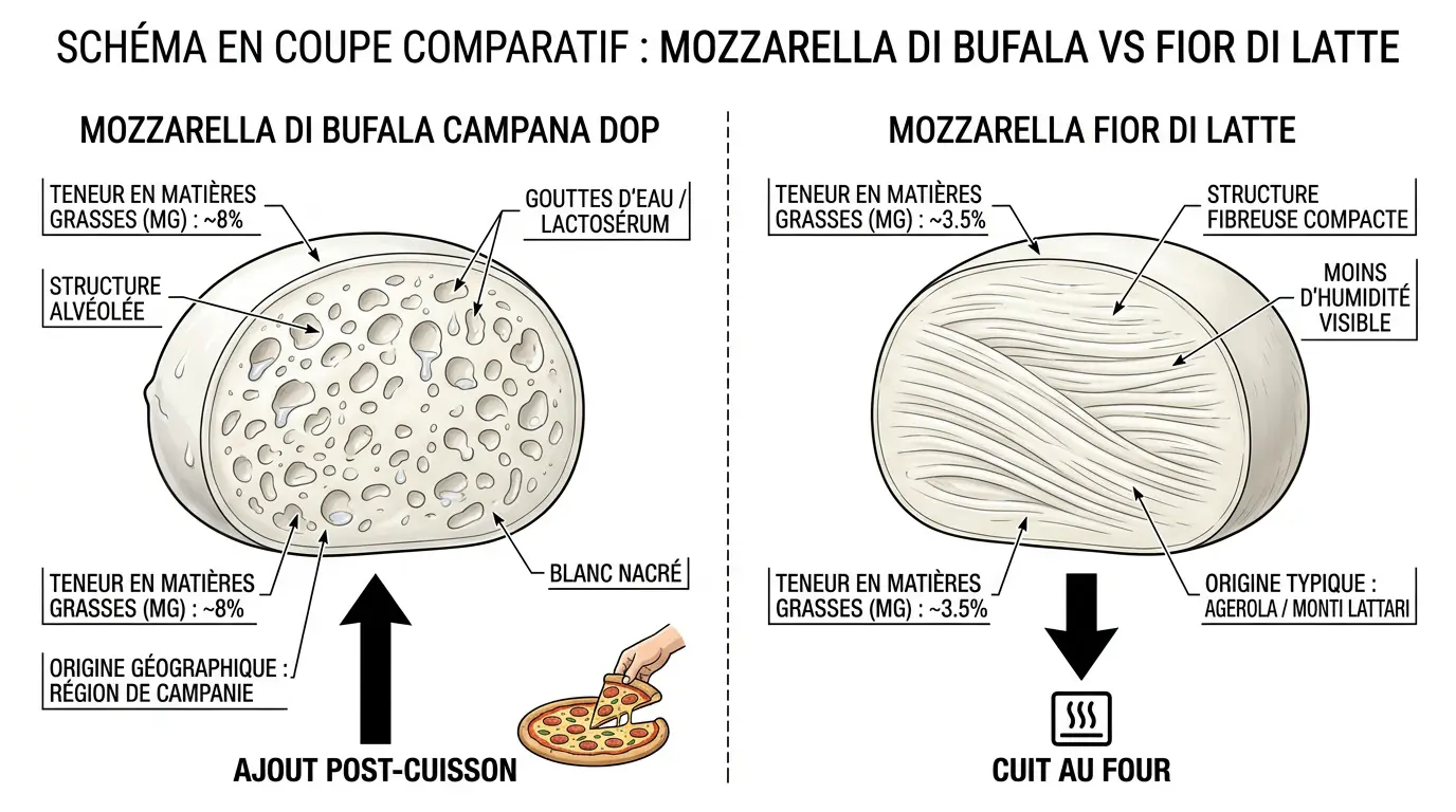 Schéma comparant la structure de la mozzarella di bufala et fior di latte pour pizza