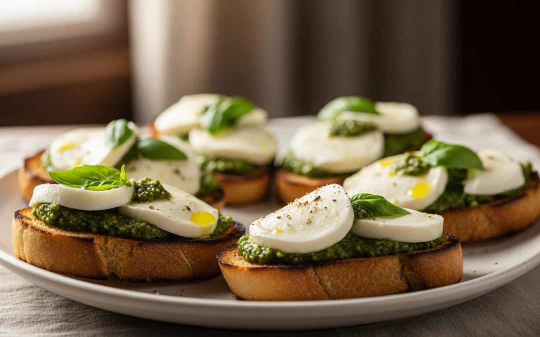 Pesto mozzarella bruschetta : le secret de l&rsquo;oncle italien pour un croquant inratable