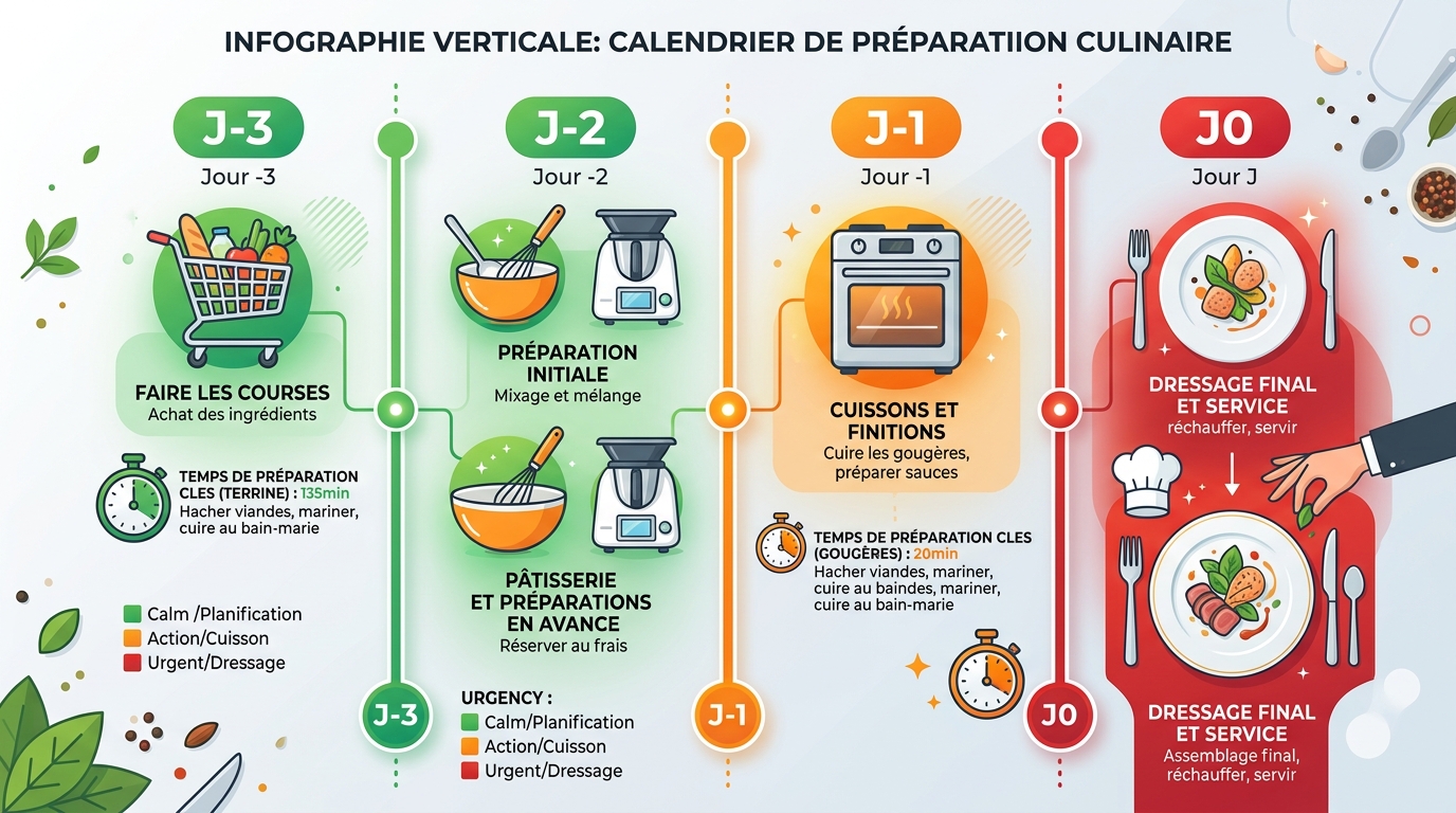 Planning infographié J-3 à J0 pour organiser son apéro de Noël