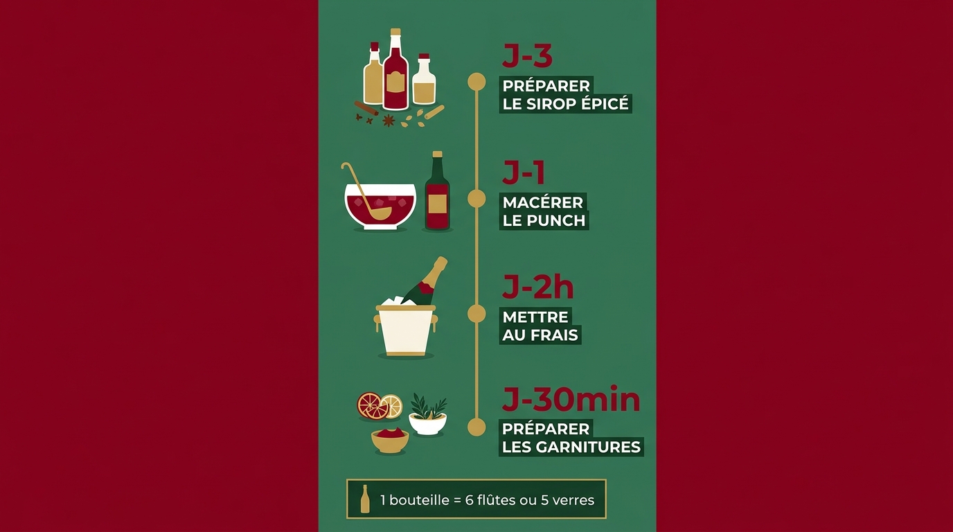 Frise chronologique préparation apéritif Noël de J-3 à Jour J avec quantités