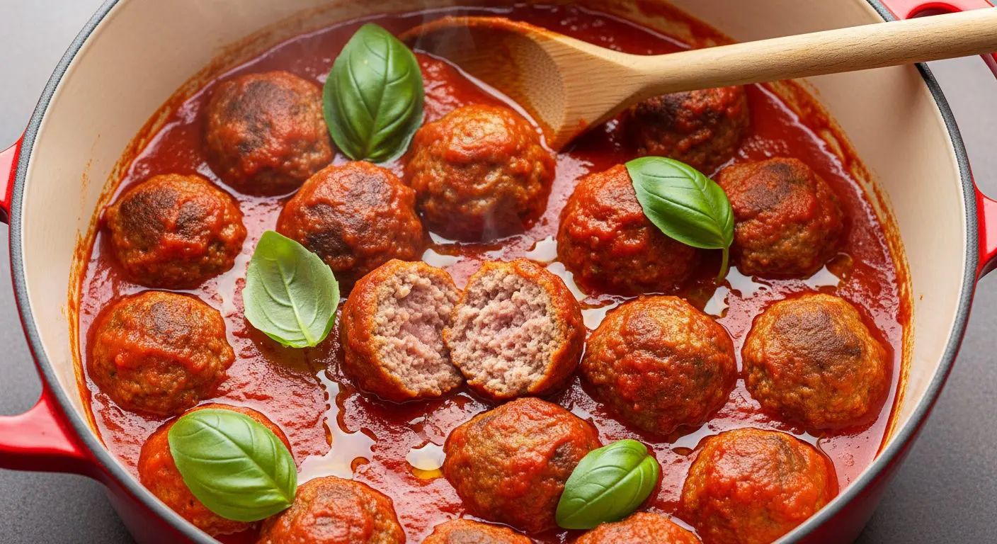 Polpette napolitaine cuites dans sauce tomate basilic casserole fonte