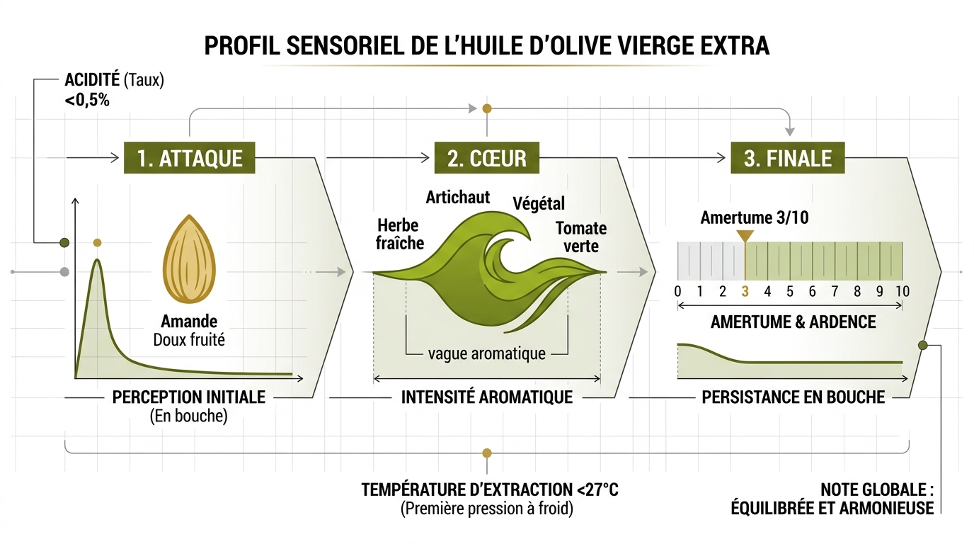 Schéma profil aromatique huile olive taggiasca notes amande
