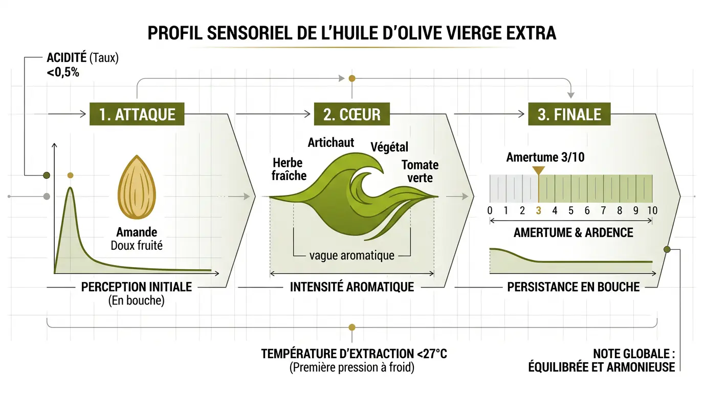 Schéma profil aromatique huile olive taggiasca notes amande