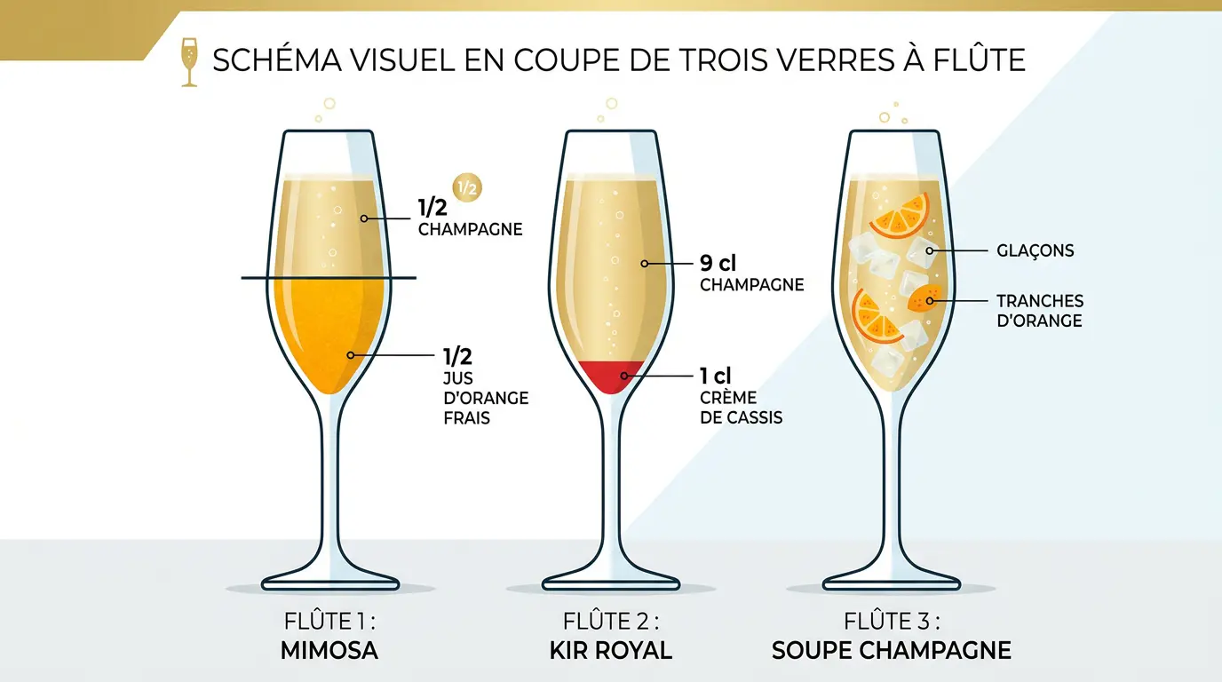 Schéma proportions cocktails champagne Noël Mimosa Kir Royal