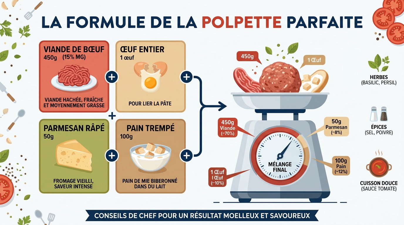 Infographie proportions polpette traditionnelle viande pain œuf parmesan