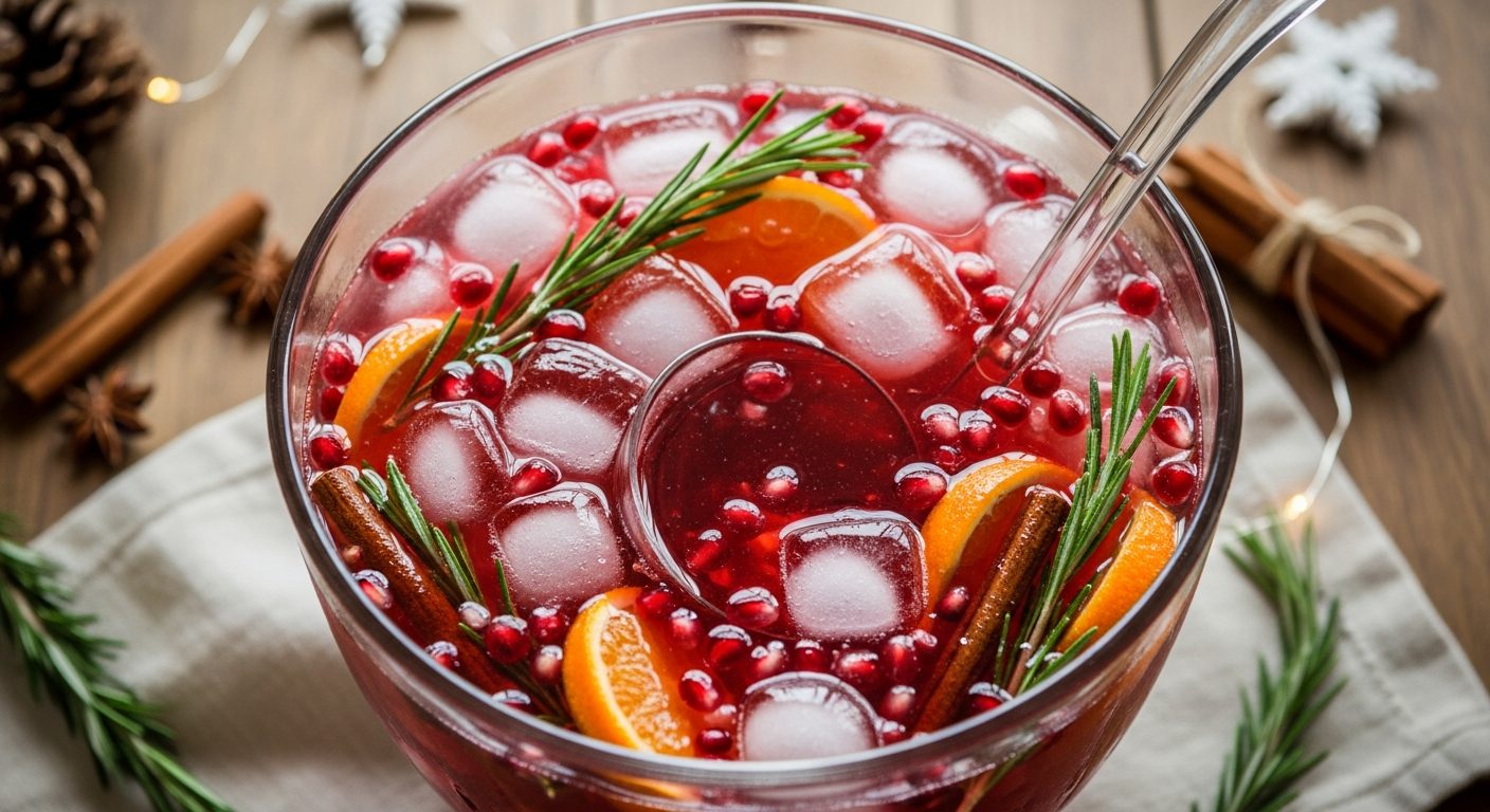 Punch bowl de Noël au prosecco rouge avec grenade, clémentine et romarin frais