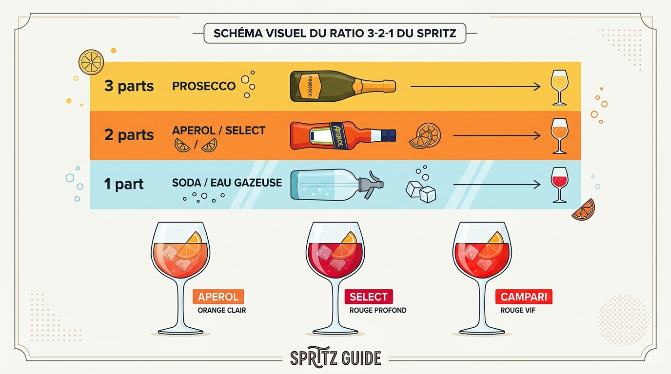 Schéma ratio 3-2-1 cocktail Spritz italien proportions