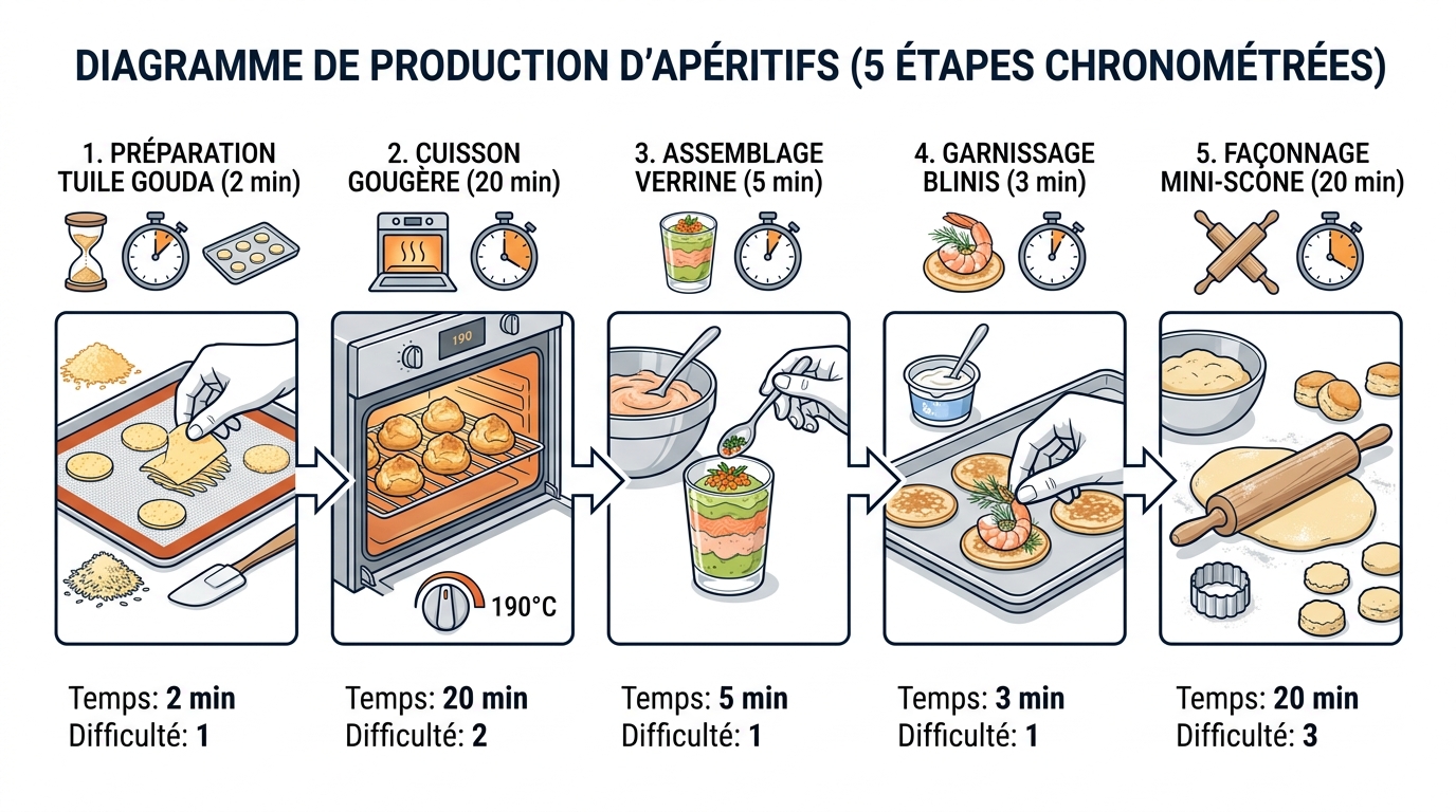 Schéma des 5 recettes express pour apéro de Noël en 15 minutes