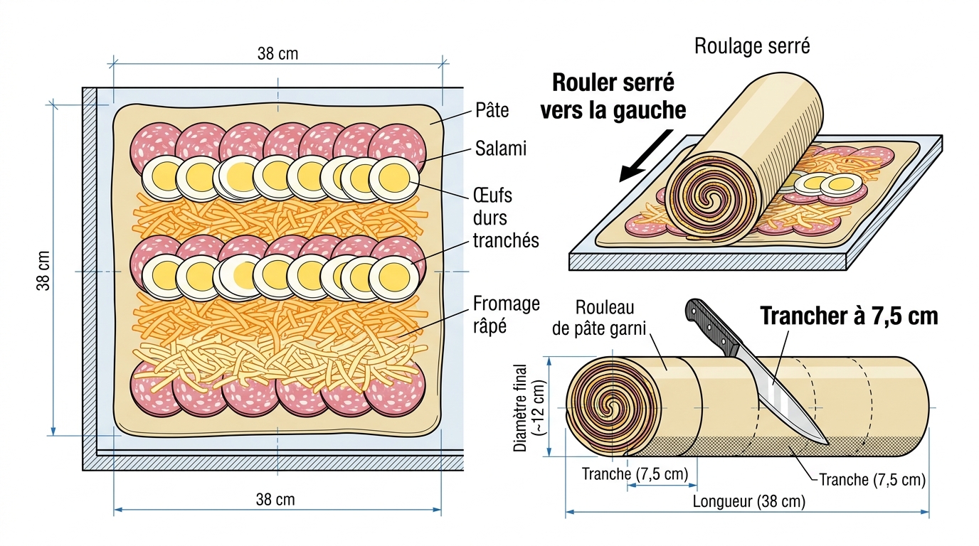 Schéma technique roulage sandwich napolitain en tapis 38 cm