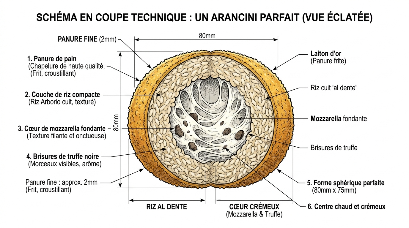 Schéma technique coupe arancini montrant les couches chapelure riz mozzarella truffe