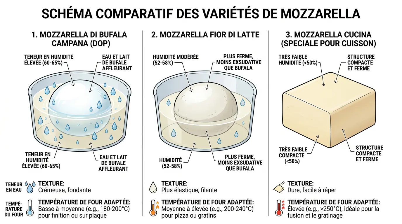 Schéma comparant mozzarella di bufala, fior di latte et mozzarella cuisine