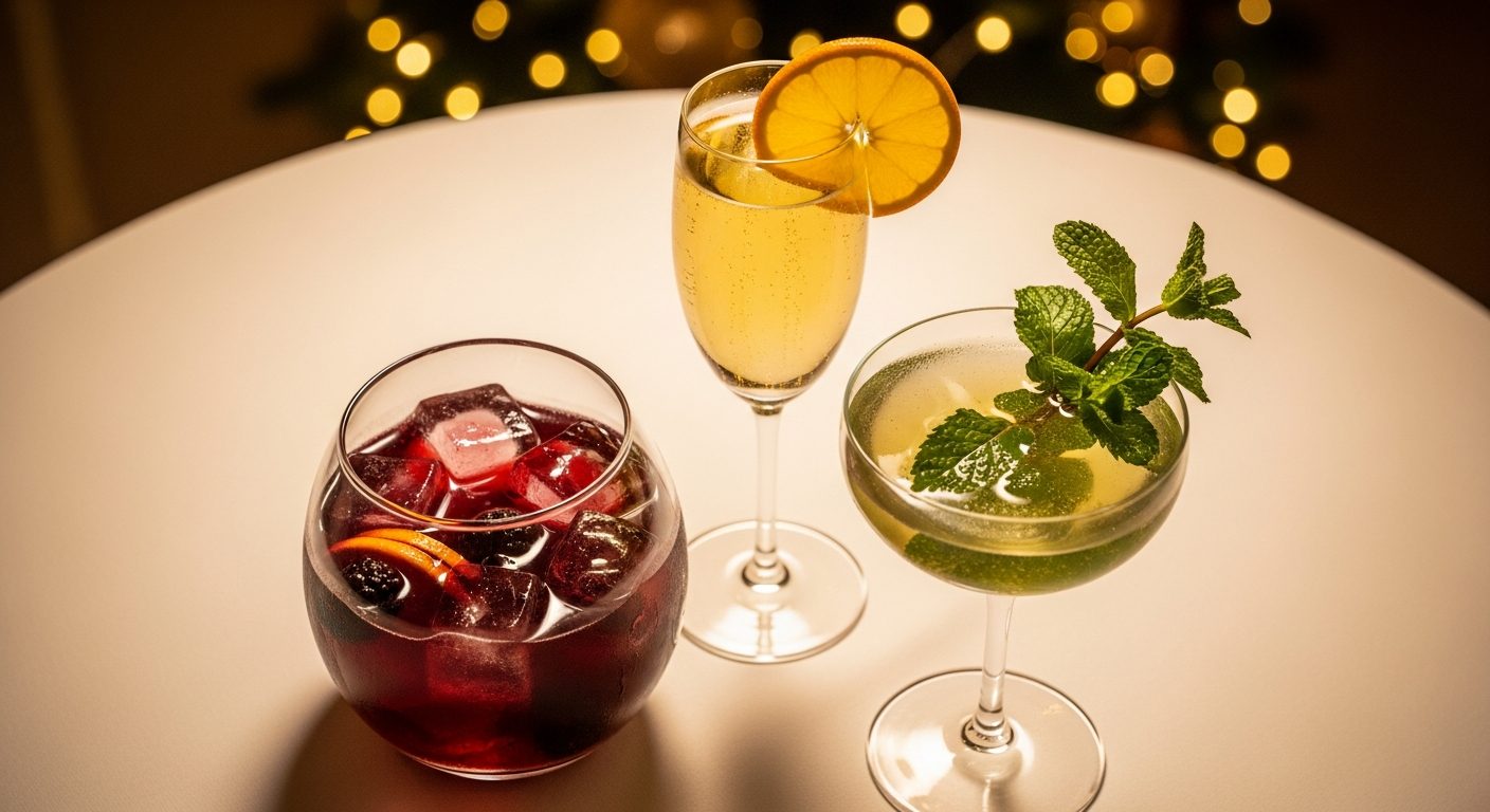 Trois cocktails de Noël sur table festive : champagne, sangria et mocktail