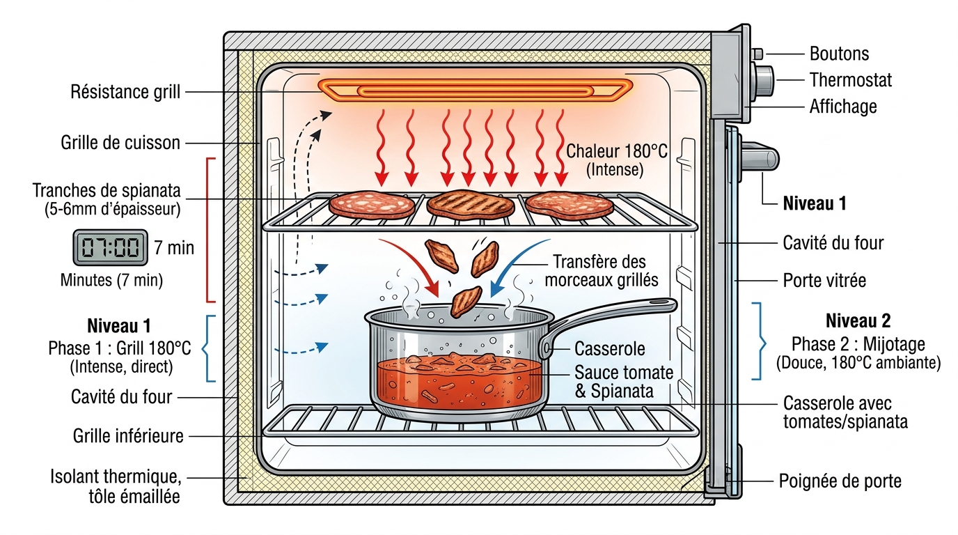 Schéma technique cuisson spianata grill four 180 degrés