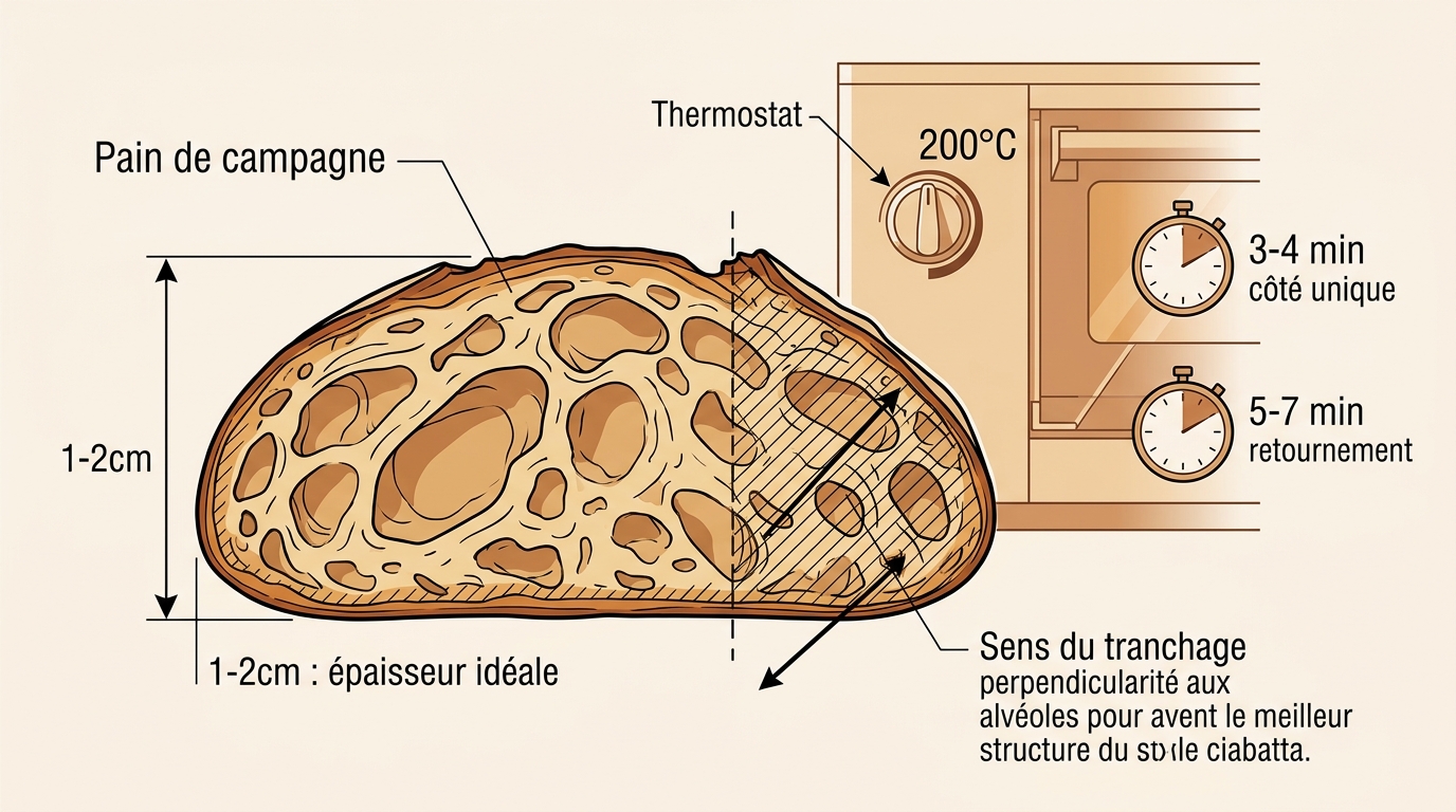Schéma technique épaisseur pain bruschetta et température four 200°C