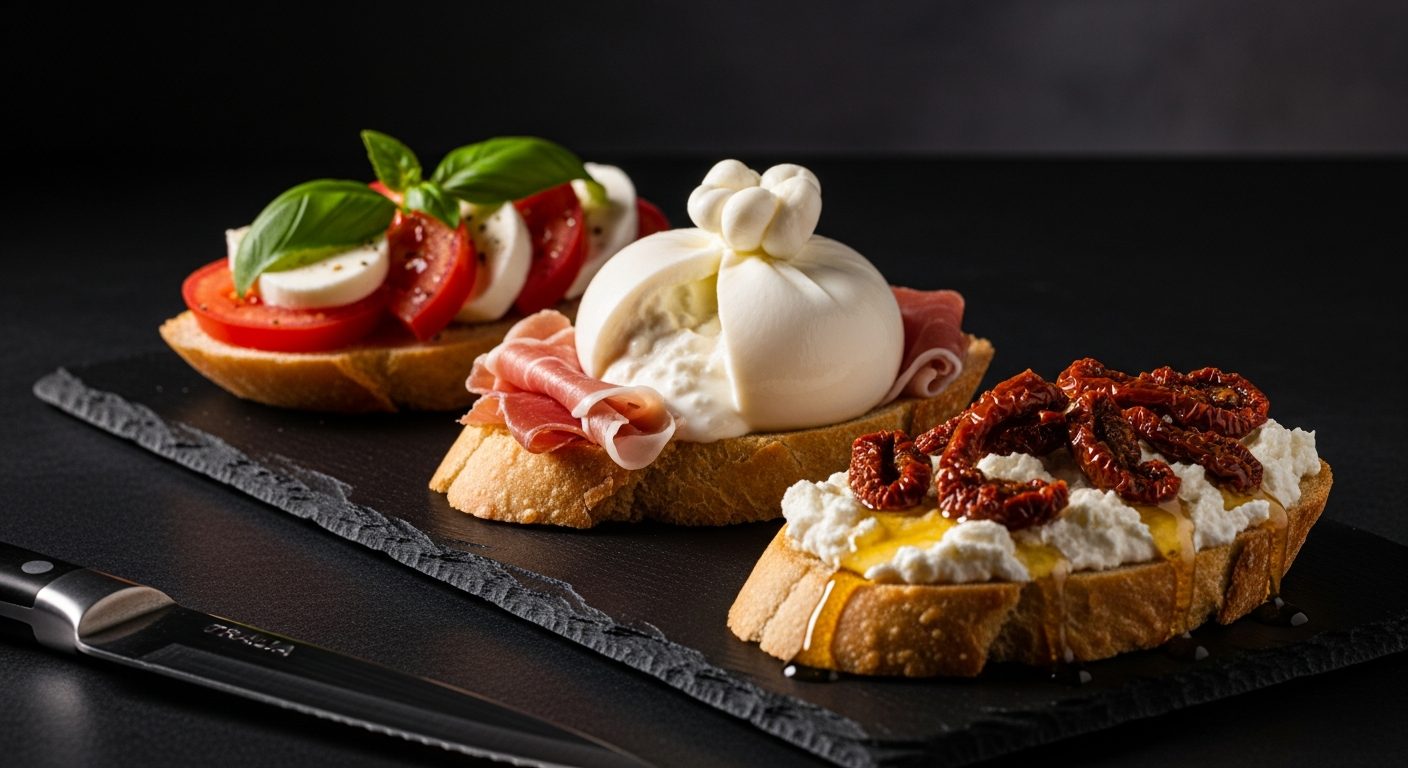 Trois variantes bruschetta : classique, burrata jambon, et chèvre miel
