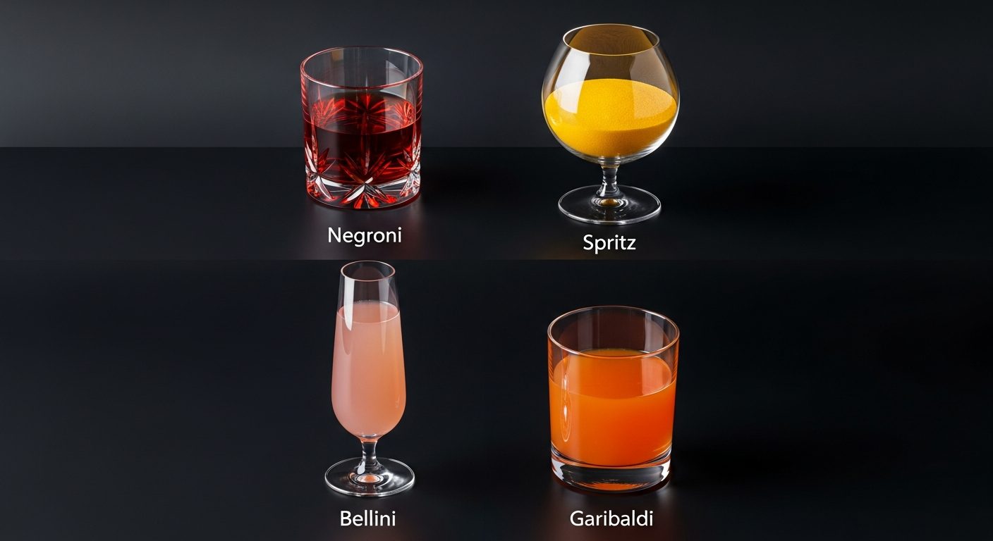 Quatre verres cocktails italiens old-fashioned ballon flûte highball