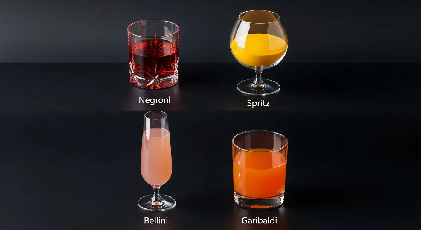 Quatre verres cocktails italiens old-fashioned ballon flûte highball