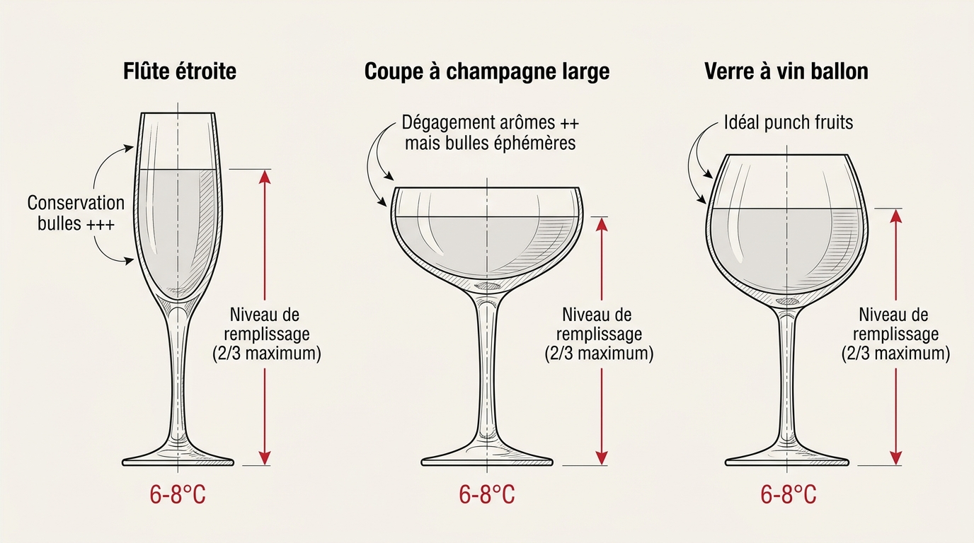 Schéma comparatif des verres pour cocktail prosecco noël : flûte, coupe et ballon avec température idéale