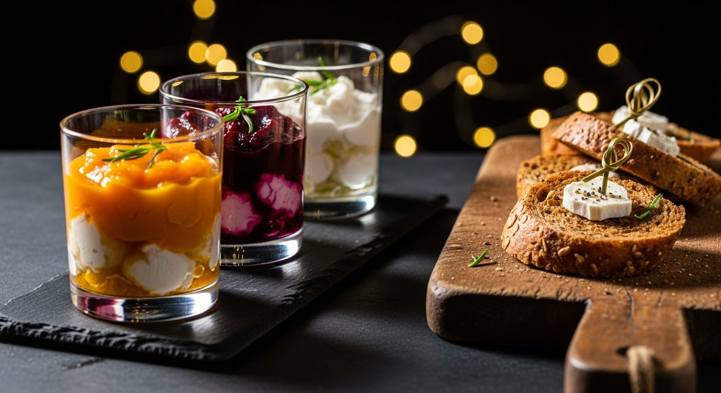 Trois verrines colorées pour apéro de Noël et toasts de pain d'épices