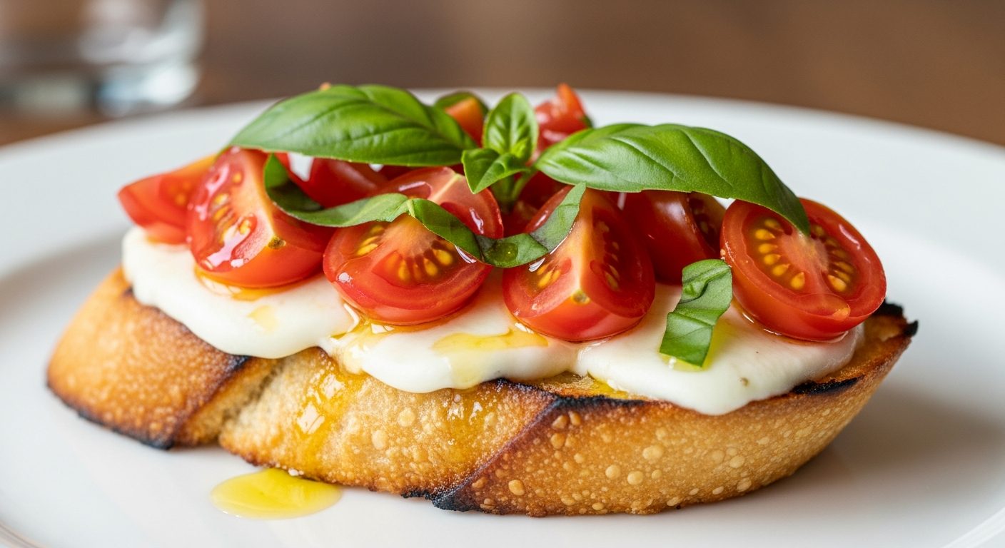 Bruschetta au pesto finie, dressée avec basilic frais et huile d'olive