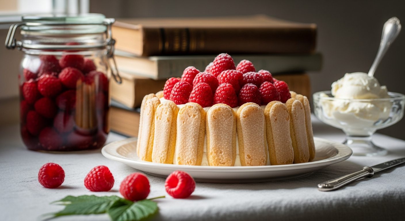 Charlotte aux framboises mascarpone tranchée démoulée texture onctueuse
