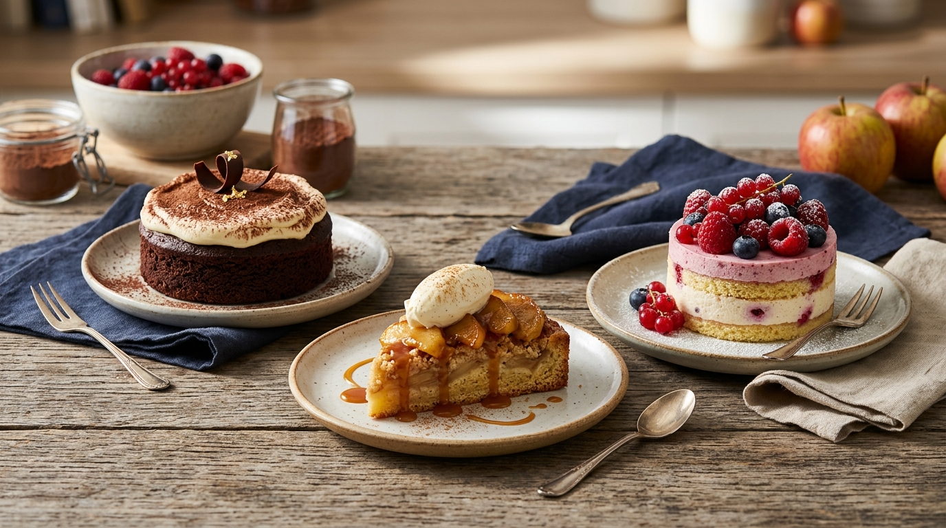 Comparatif gâteau mascarpone chocolat noir et version pommes fruits