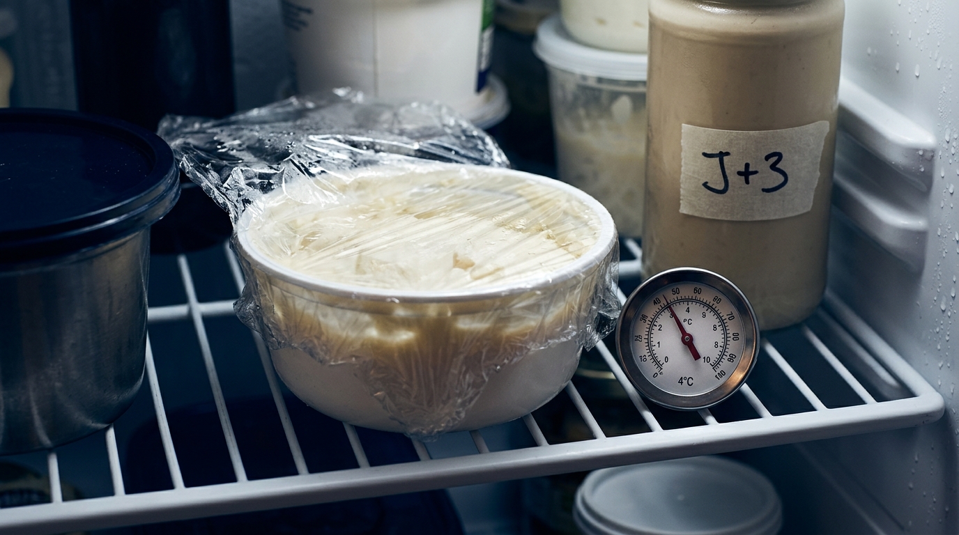 Pot mascarpone entamé conservé au réfrigérateur avec film alimentaire