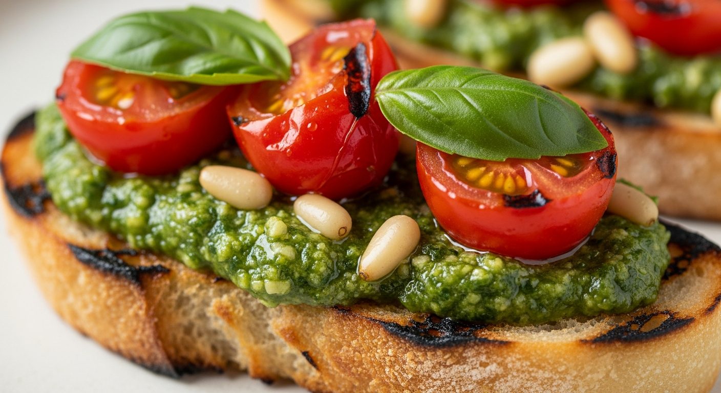 Schéma étapes recette bruschetta au pesto : grillage, assemblage, cuisson finale
