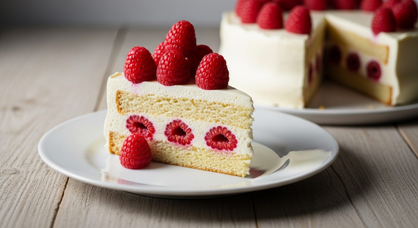 Gâteau mascarpone framboise coupé moelleux avec fruits frais