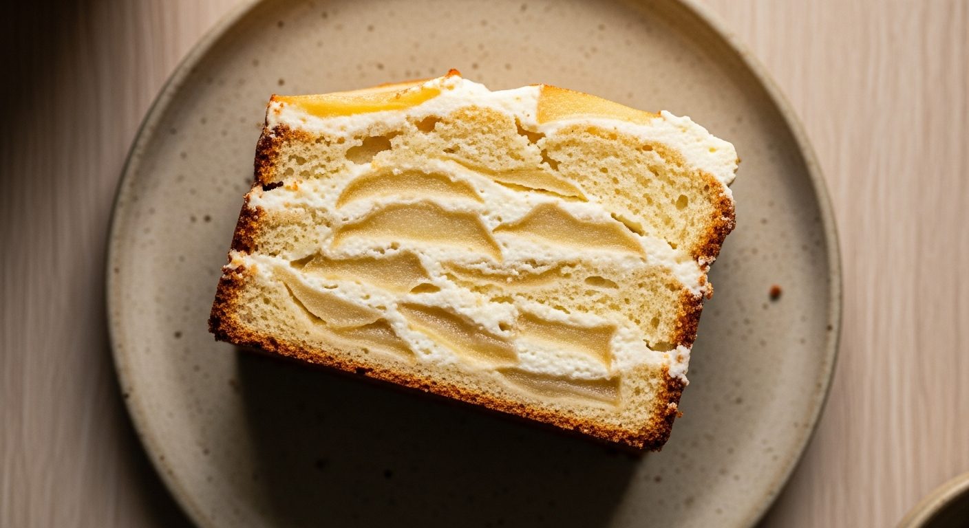 Part de gâteau aux pommes mascarpone moelleux coupée montrant l'intérieur aéré