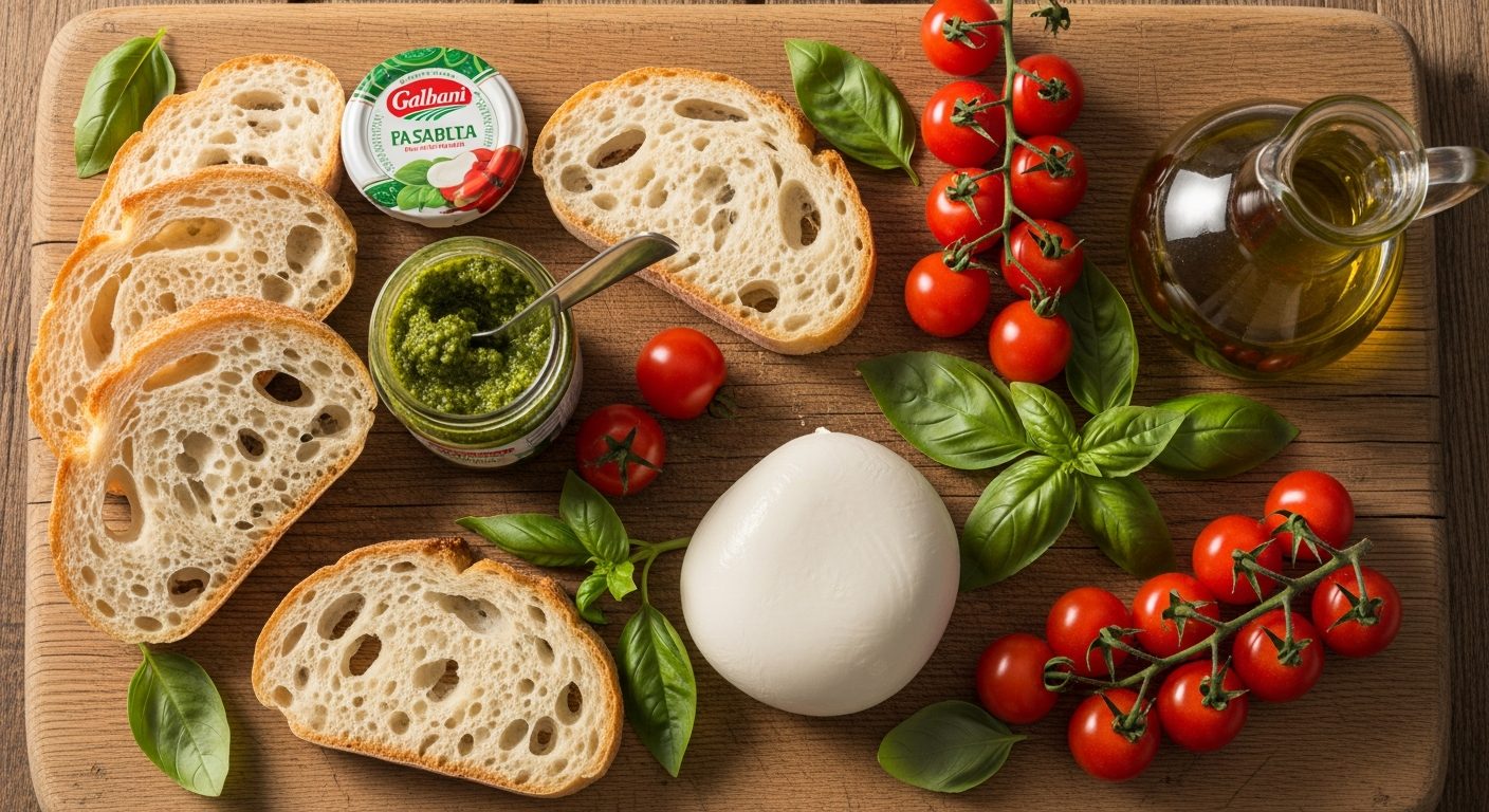 Ingrédients bruschetta au pesto : pain, mozzarella, tomates cerises, basilic
