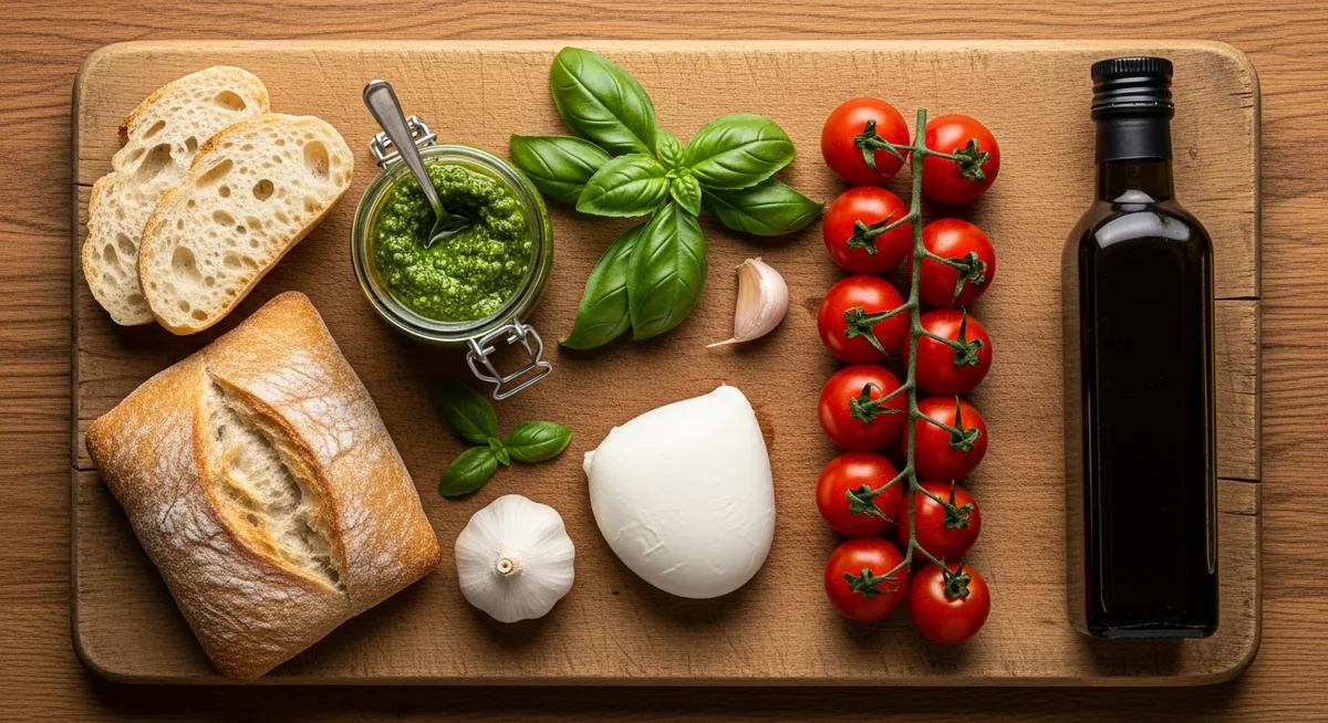Ingrédients bruschetta tomate mozzarella pesto sur planche bois