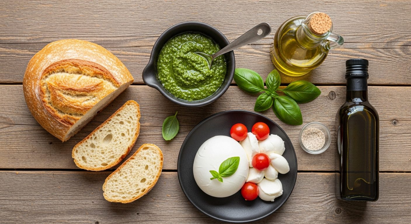 Ingrédients recette bruschetta pesto mozzarella et huile d'olive