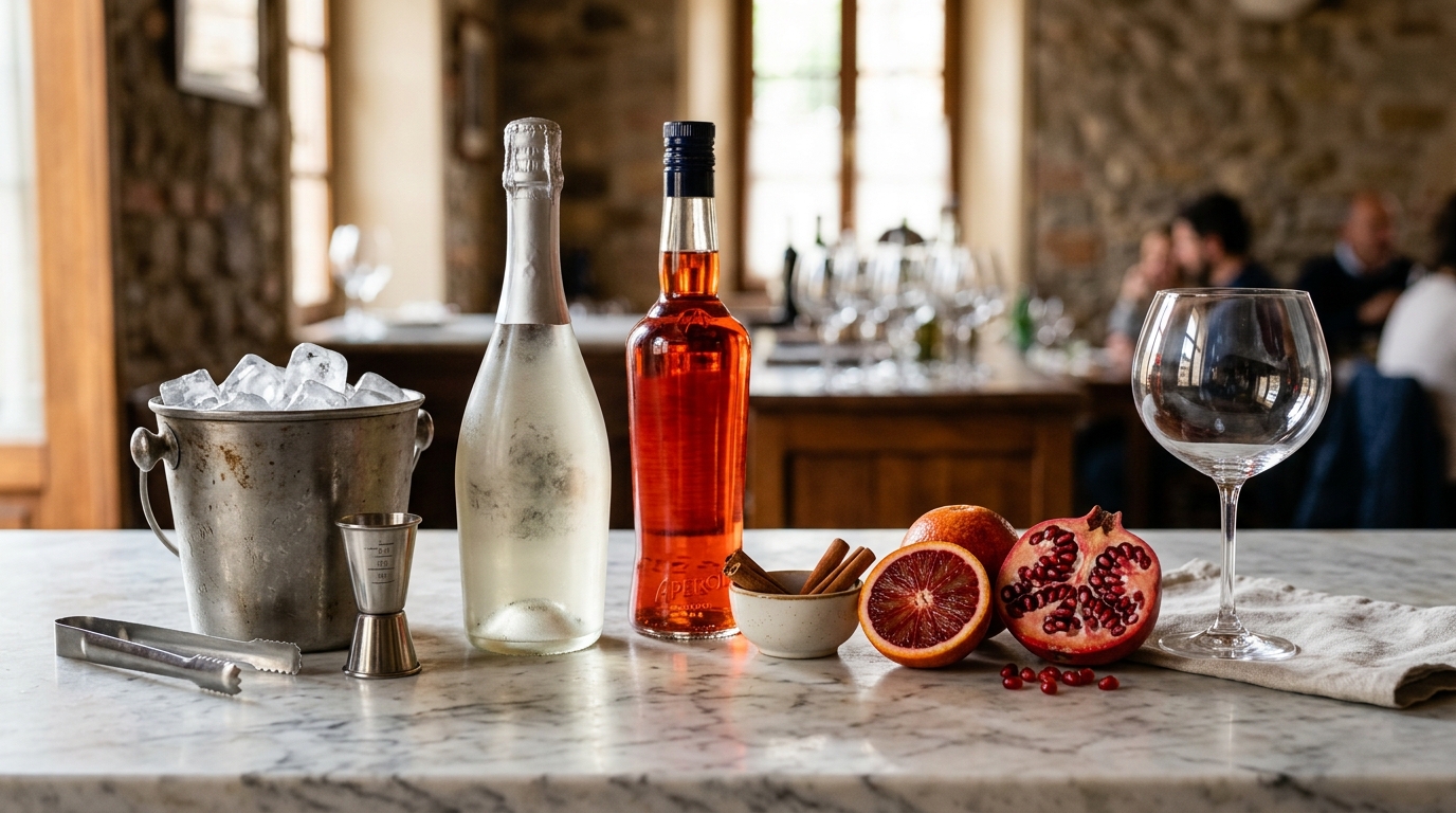Ingrédients spritz noël cocktail sur marbre