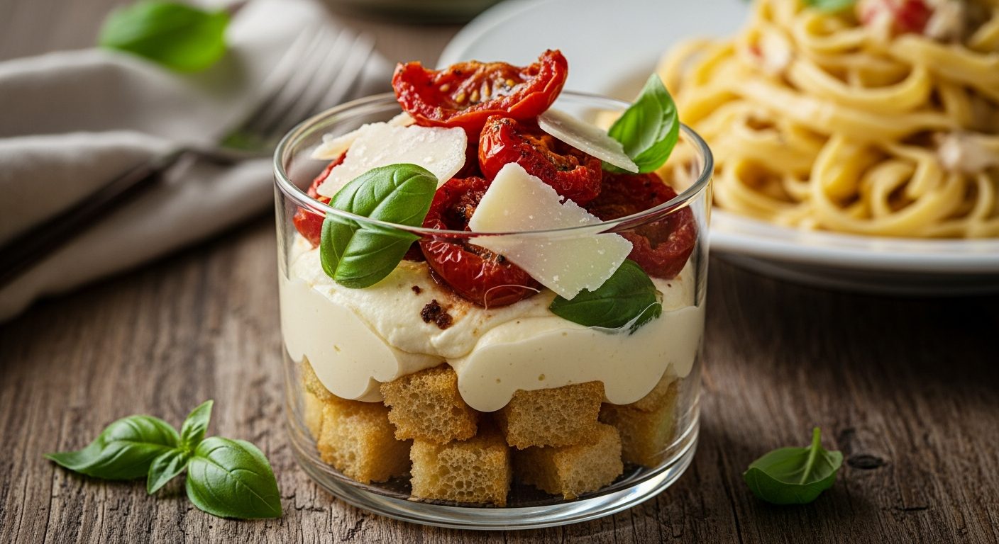 Verrine tiramisu salé et tagliatelles crémeuses au mascarpone
