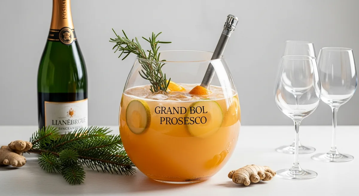 Punch au prosecco dans grand bol avec canneberges