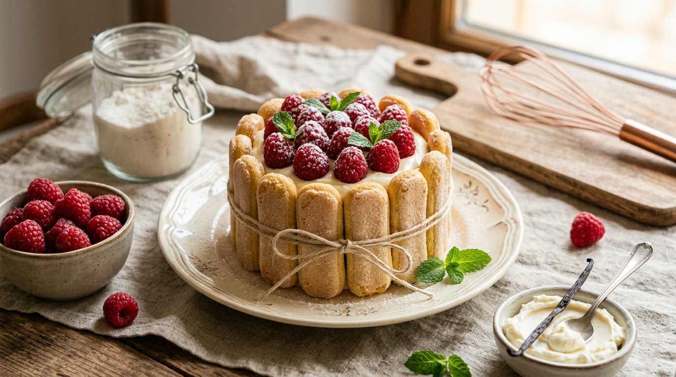 Schéma technique coupe charlotte framboises mascarpone couches biscuits mousse