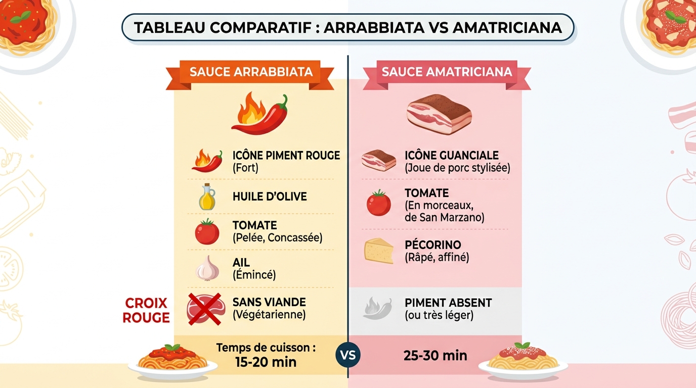 Tableau différence arrabbiata amatriciana ingrédients guanciale