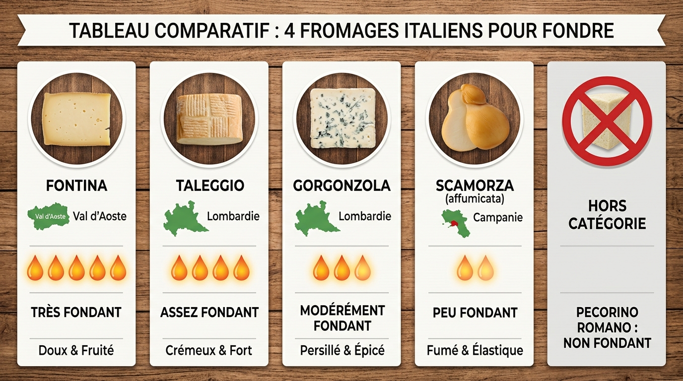 Tableau comparatif fromages italiens qui fondent Fontina Taleggio Gorgonzola