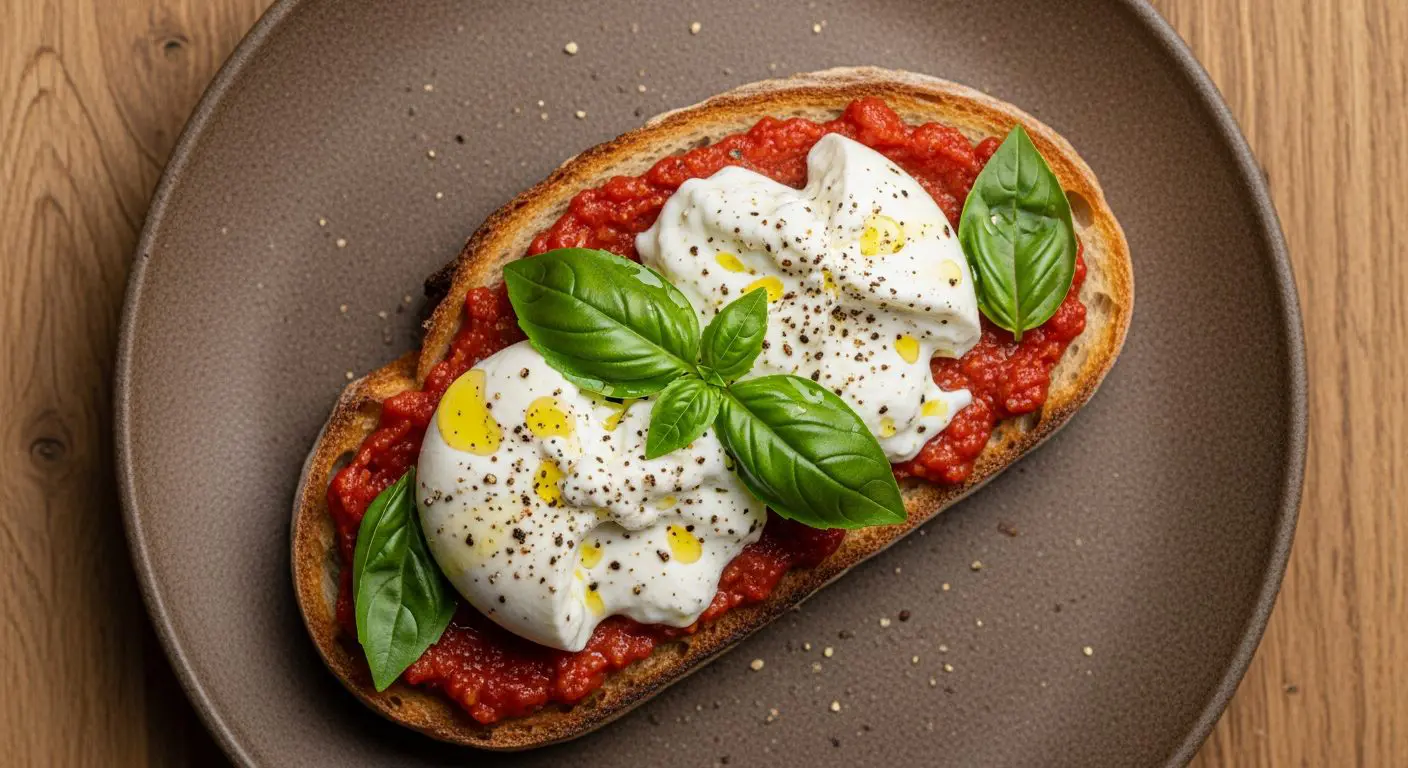 Tartine tomates rôties et burrata sur pain grillé